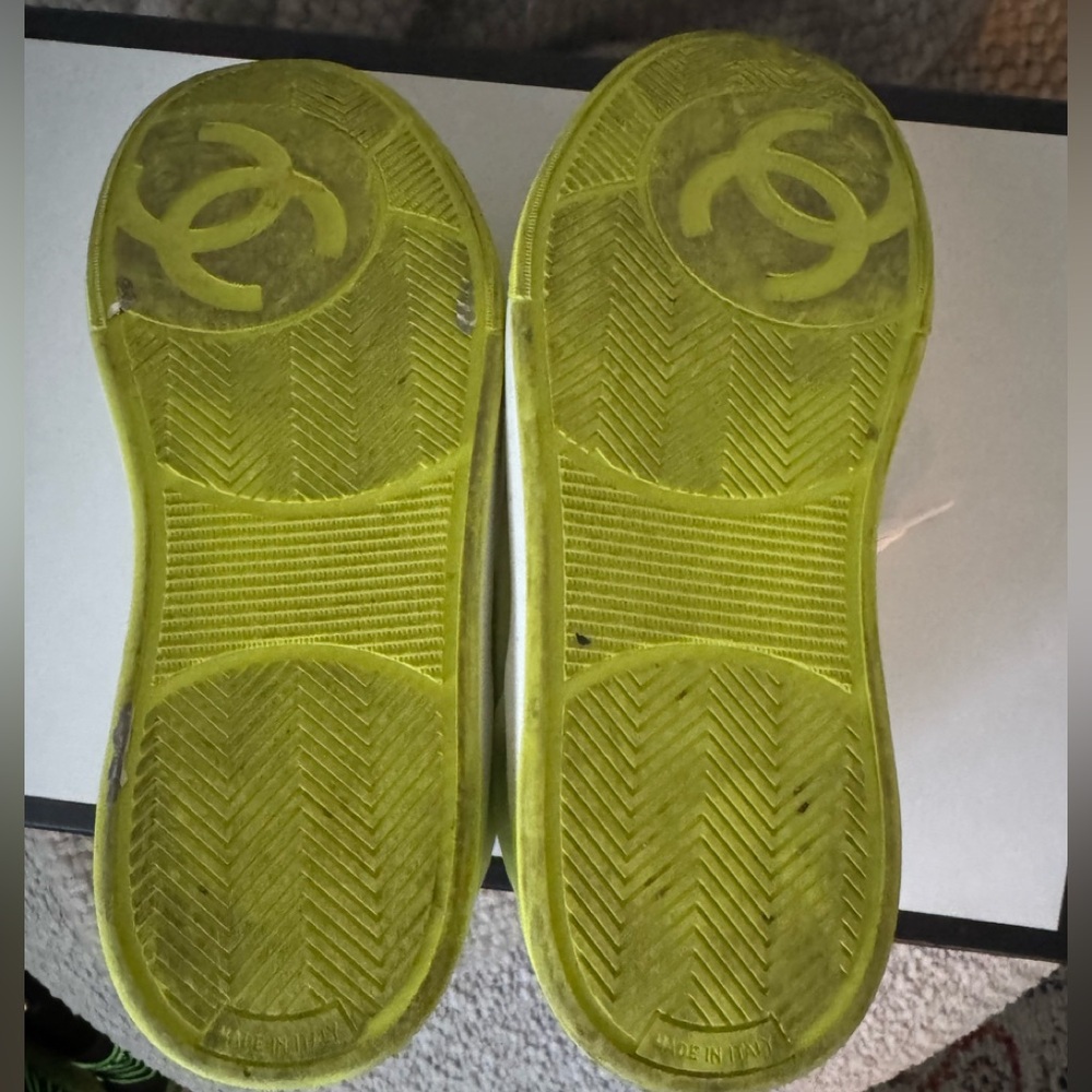 Chanel Fabric Womens Logo Sneakers 37.5 Yellow White - Picture 7 of 12